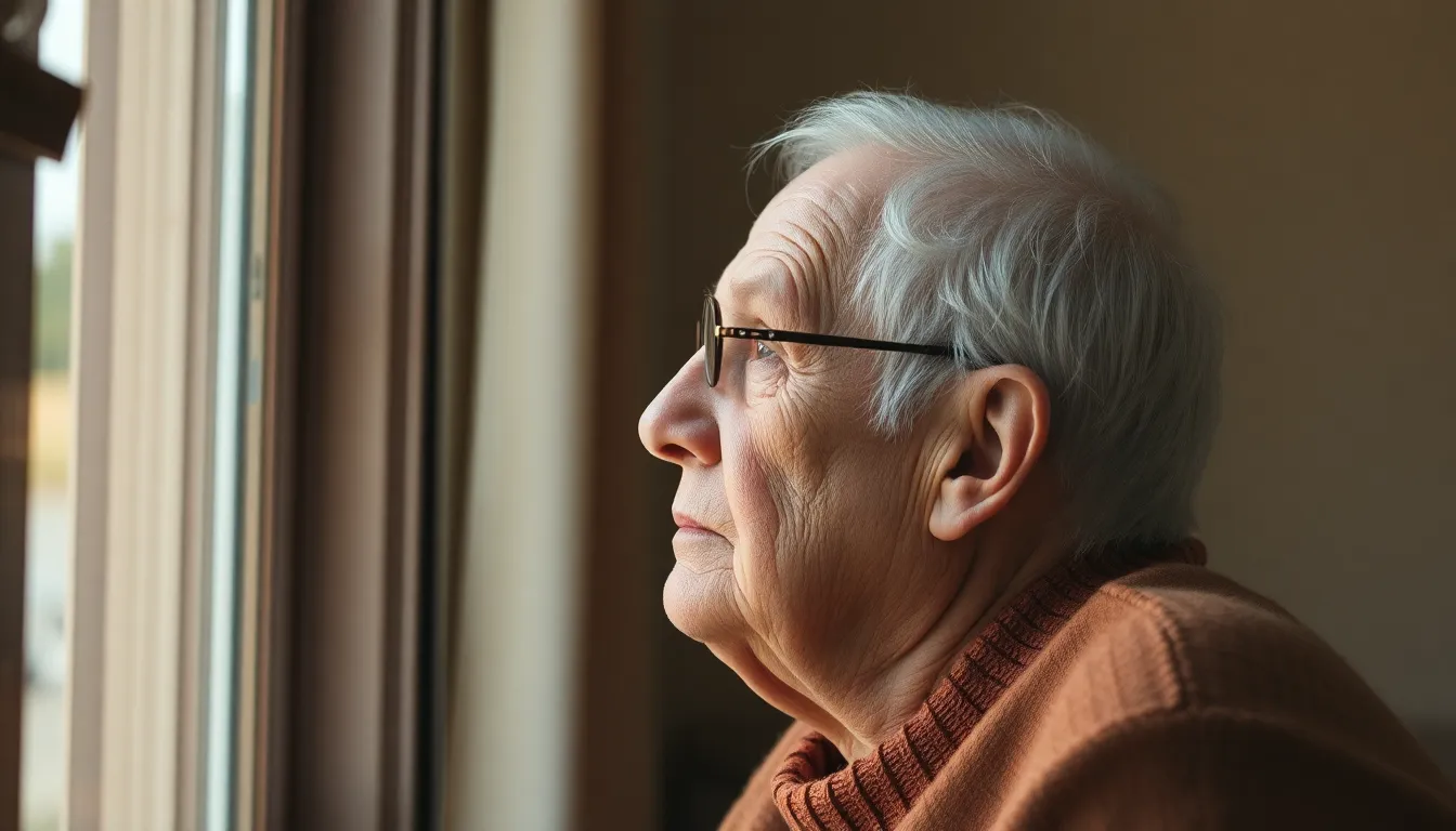 Senior looking out window