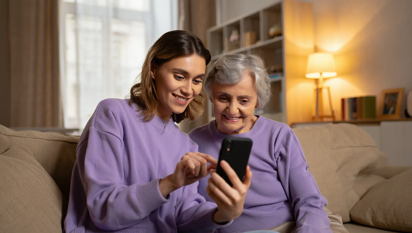 Daughter checking Touchbase updates on her phone