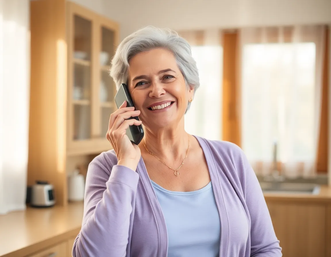 Senior woman smiling while talking on the phone in her kitchen